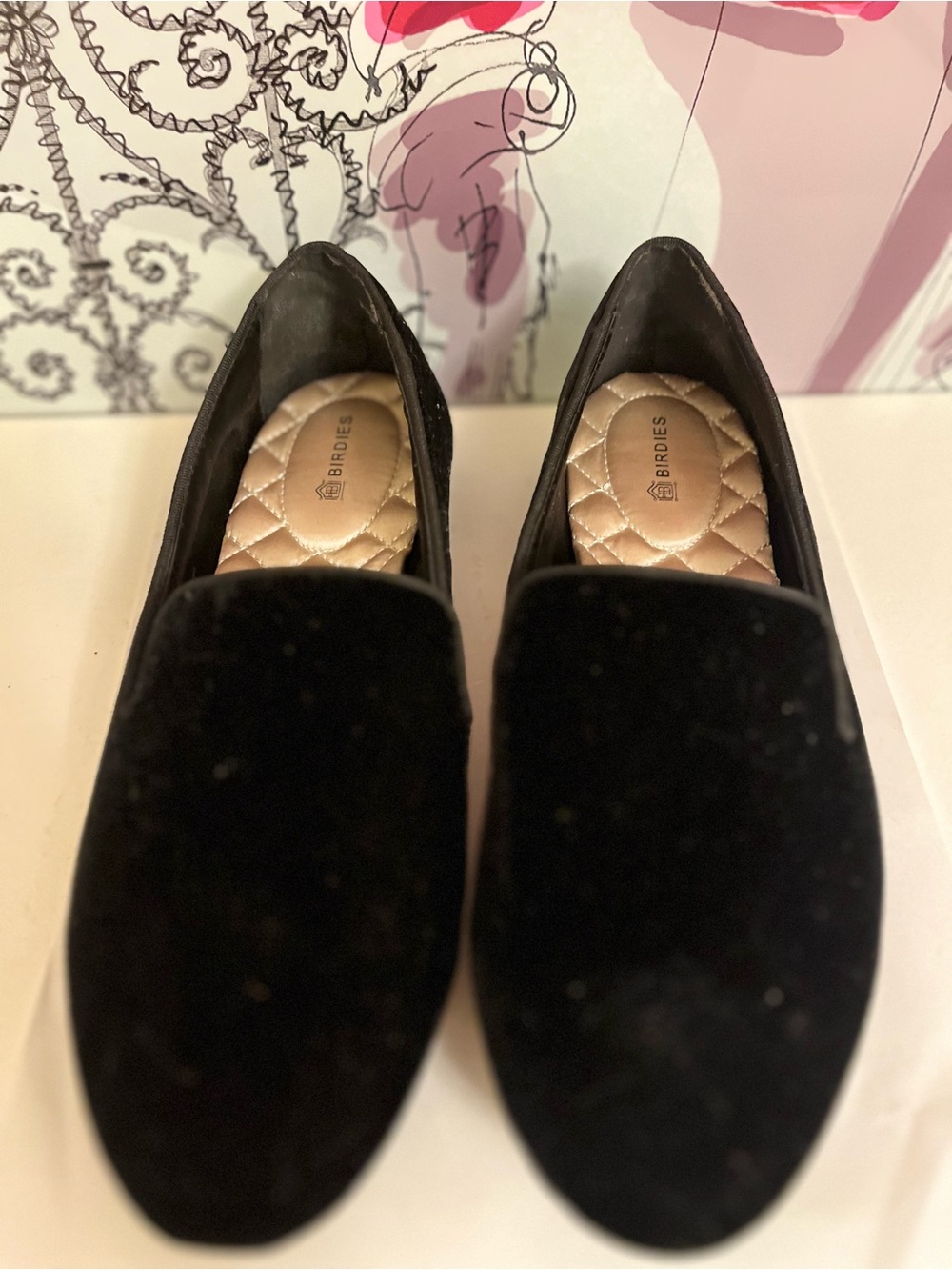 Birdies Luxe Black Velvet Quilted Gold Insole Loafers - Size 7.5